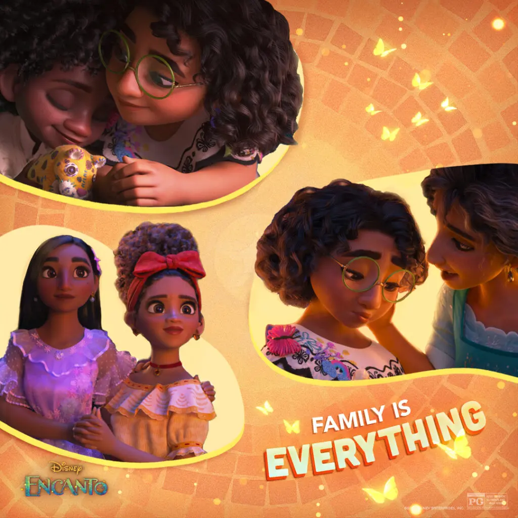 Collage-style movie artwork showing Mirabel in glasses in two closeups—one with an older woman touching her shoulder—and three vignettes of family members and butterflies on a warm tile background.