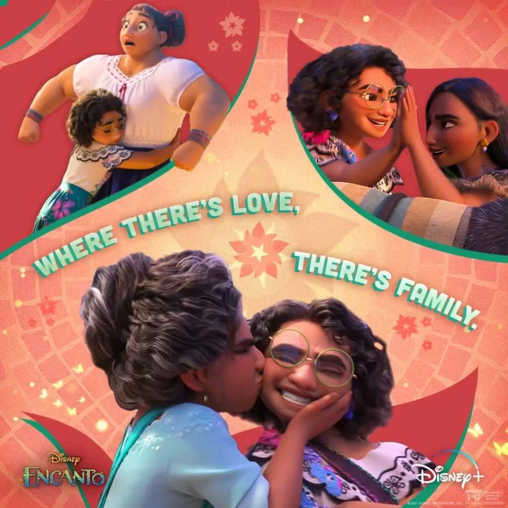 Collage with three Encanto scenes: top left shows a strong woman being hugged, top right shows two women smiling palm-to-palm, and the bottom shows an elder kissing a bespectacled woman’s cheek.