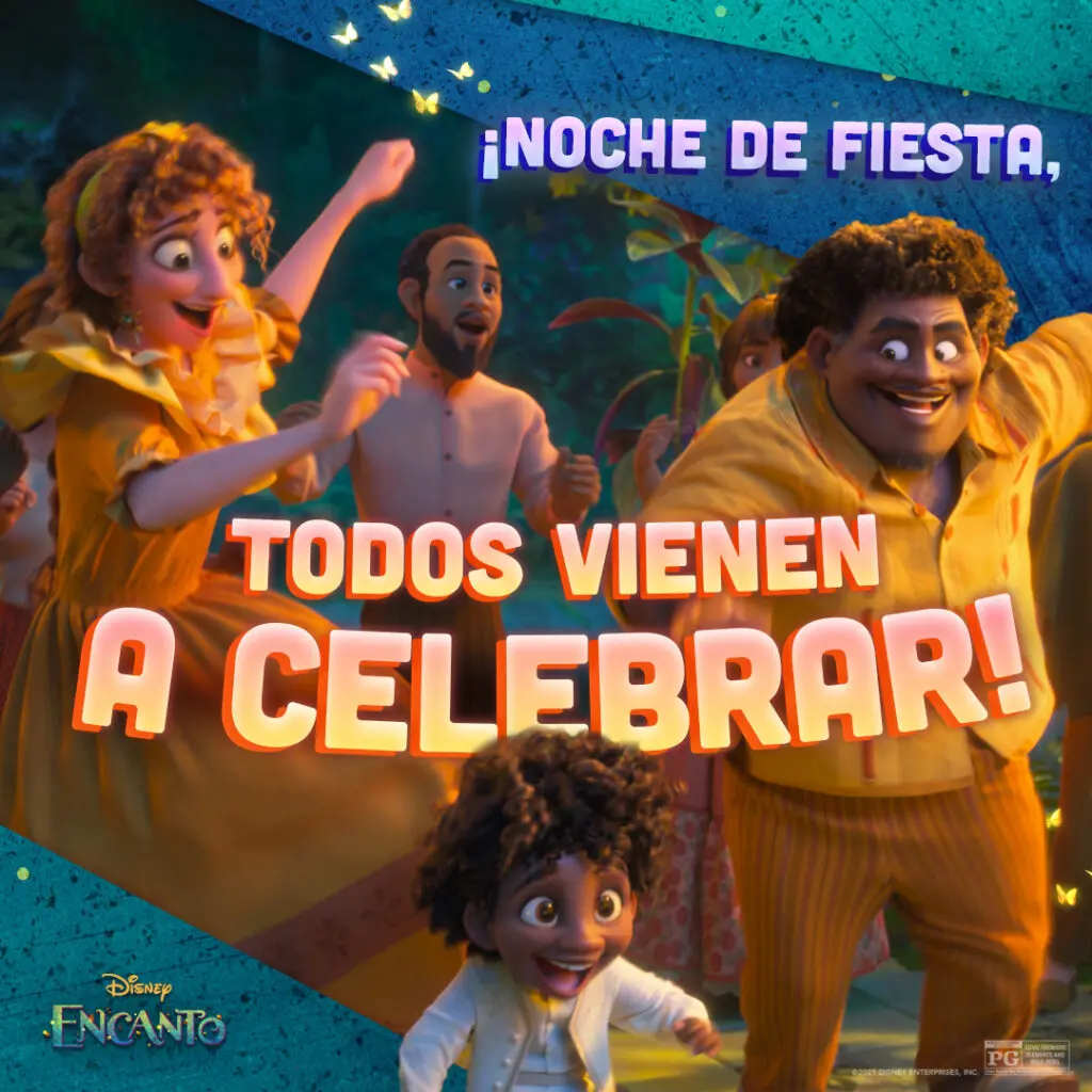 Colorful illustration of the Madrigal family celebrating outdoors, with a wide-smiling man in yellow, cheering guests in yellow dresses, and a small curly-haired child running toward the camera.
