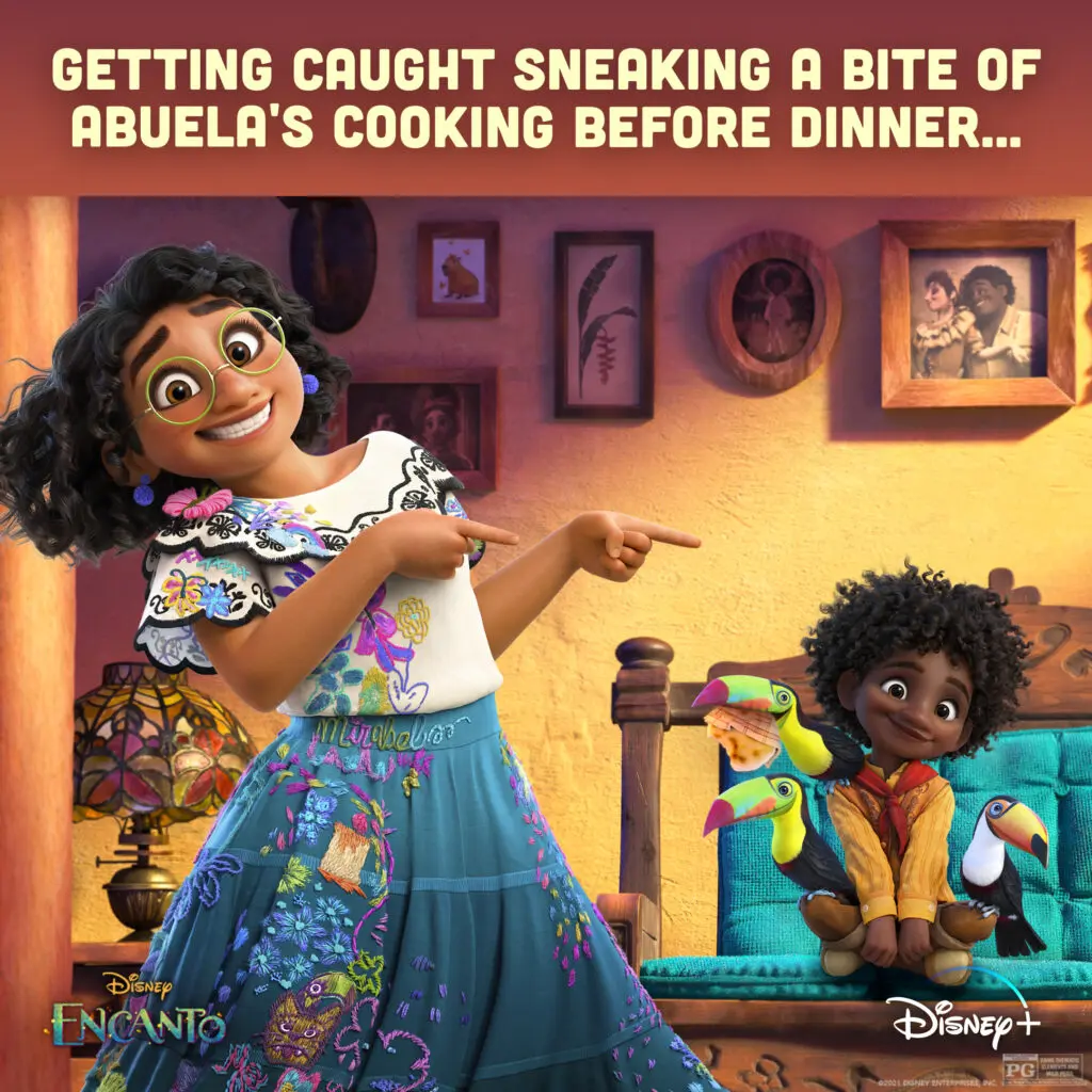 Mirabel points and smiles toward Antonio, who sits on a bench holding three colorful toucans, with embroidered clothing, framed family photos, and bold caption text above the scene.