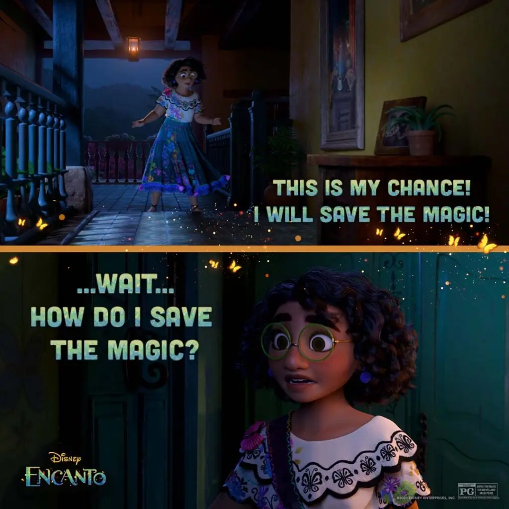 Mirabel appears in a split two-panel social graphic: the top shows her on a dim balcony stepping forward, the bottom is a close-up of her startled face with bold teal caption text.