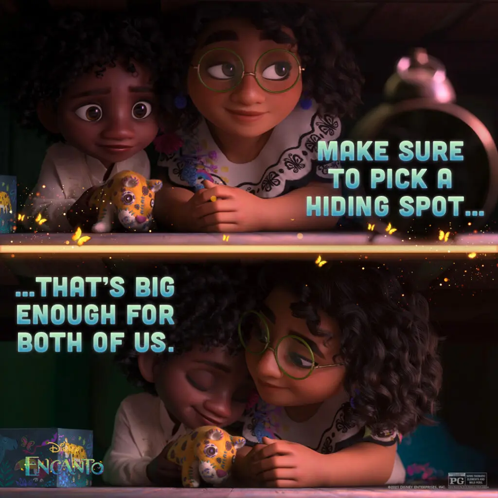 Mirabel and Antonio crouch under a bed in two stacked panels, clutching a painted toy jaguar while teal caption text reads “Make sure to pick a hiding spot... that’s big enough for both of us.”