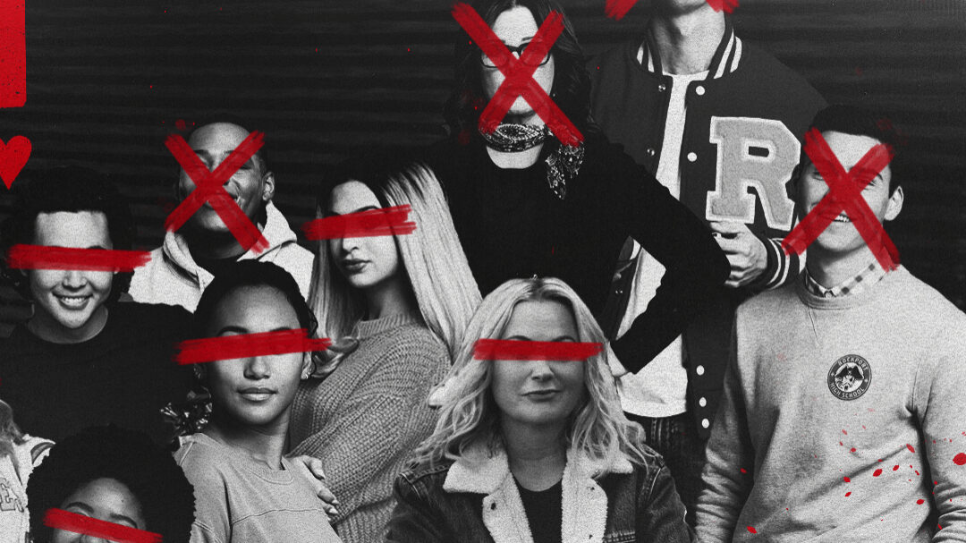 Black-and-white group portrait of high-school students and adults with red painted Xs and horizontal bars over faces, red paint splatters, and a lined-paper strip at the bottom suggesting a protest zine aesthetic.