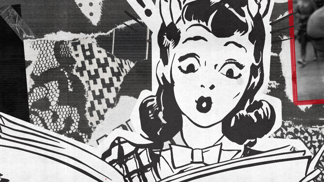 A black-and-white collage shows a surprised retro comic-style girl reading a book labeled 'MOXIE' amid torn-paper textures, halftone dots, red ink speckles, and a cropped grayscale photo at the right edge.