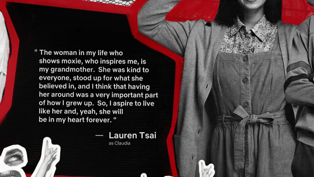 Black-and-white portrait of Lauren Tsai smiling with hands framing her eyes, set beside a torn-paper quote block outlined in red and collage cutouts of shouting mouths at the bottom.
