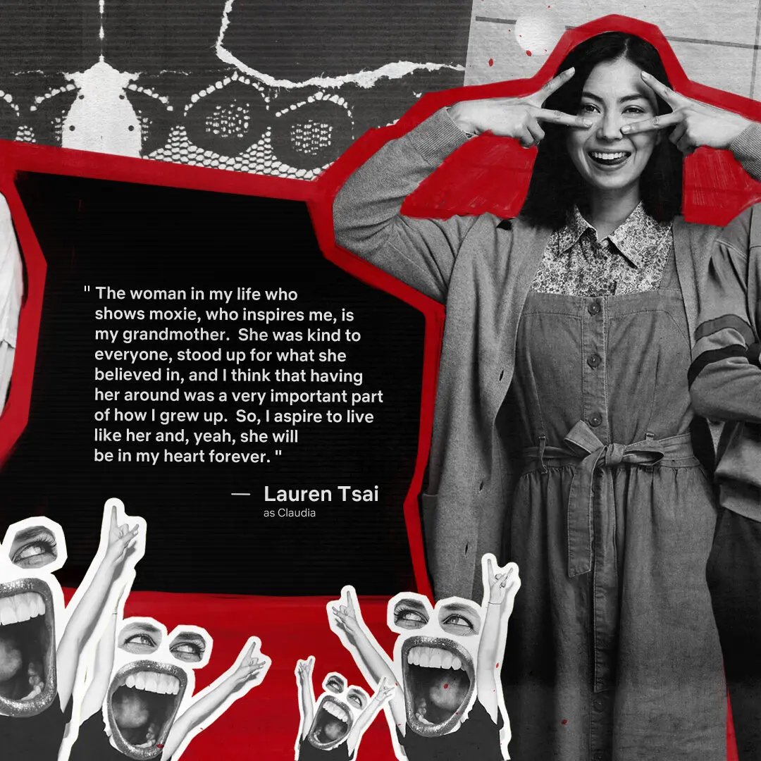 Black-and-white portrait of Lauren Tsai smiling with hands framing her eyes, set beside a torn-paper quote block outlined in red and collage cutouts of shouting mouths at the bottom.