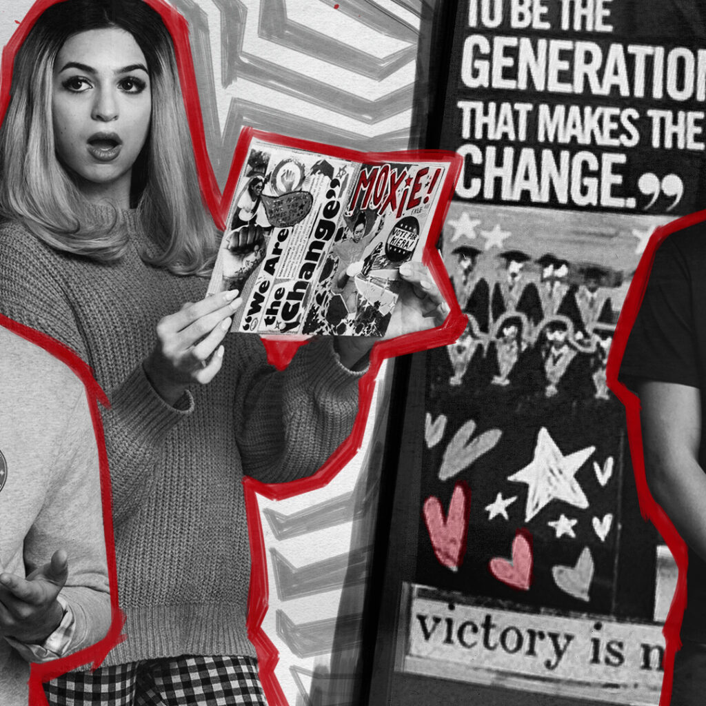 Young woman in a sweater and plaid pants holds an open handmade zine titled 'MOXIE' while red hand-drawn outlines and collage-style protest graphics fill the frame.