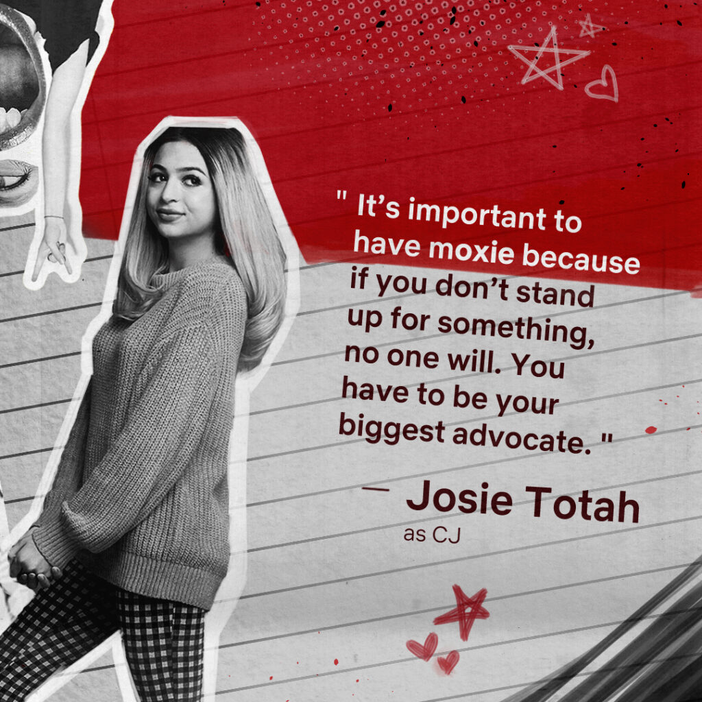 Black-and-white cutout portrait of a young woman outlined in white at left, ruled notebook-paper background with a red painted top, large quoted text to the right, and small red doodled stars and hearts.