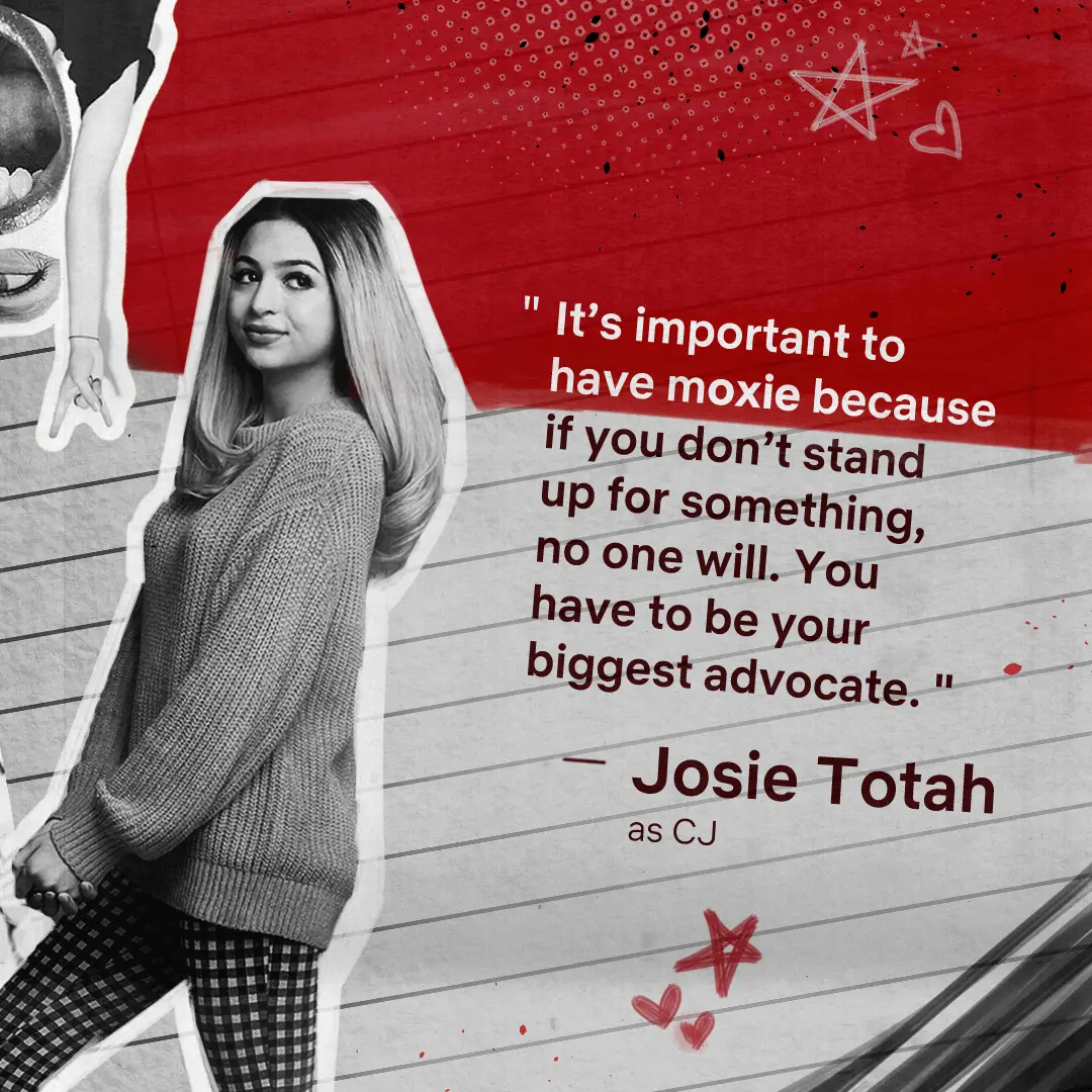 Black-and-white cutout portrait of a young woman outlined in white at left, ruled notebook-paper background with a red painted top, large quoted text to the right, and small red doodled stars and hearts.