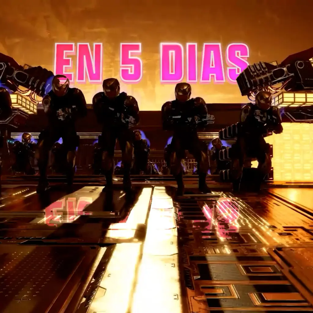 Armored figures advance through a glowing sci-fi corridor beneath bold Spanish text reading “EN 5 DÍAS.”