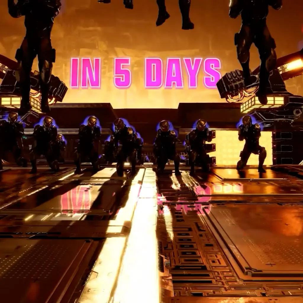 Bright pink “IN 5 DAYS” text appears above armored figures advancing through a glowing sci-fi corridor from Marvel’s Guardians of the Galaxy game.