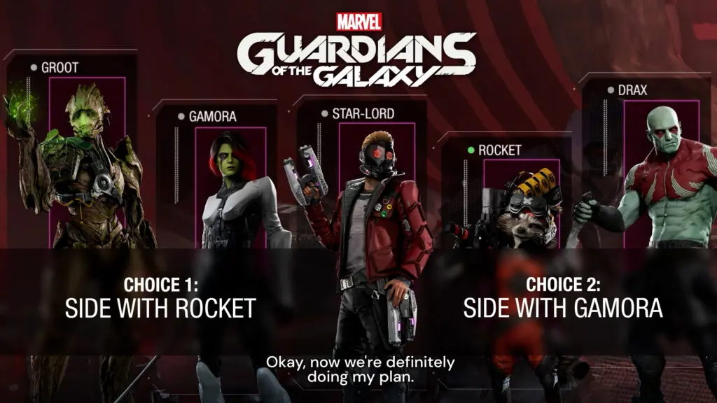 Marvel’s Guardians of the Galaxy cover graphic shows Groot, Gamora, Star-Lord, Rocket, and Drax above two prompts to side with Rocket or Gamora.