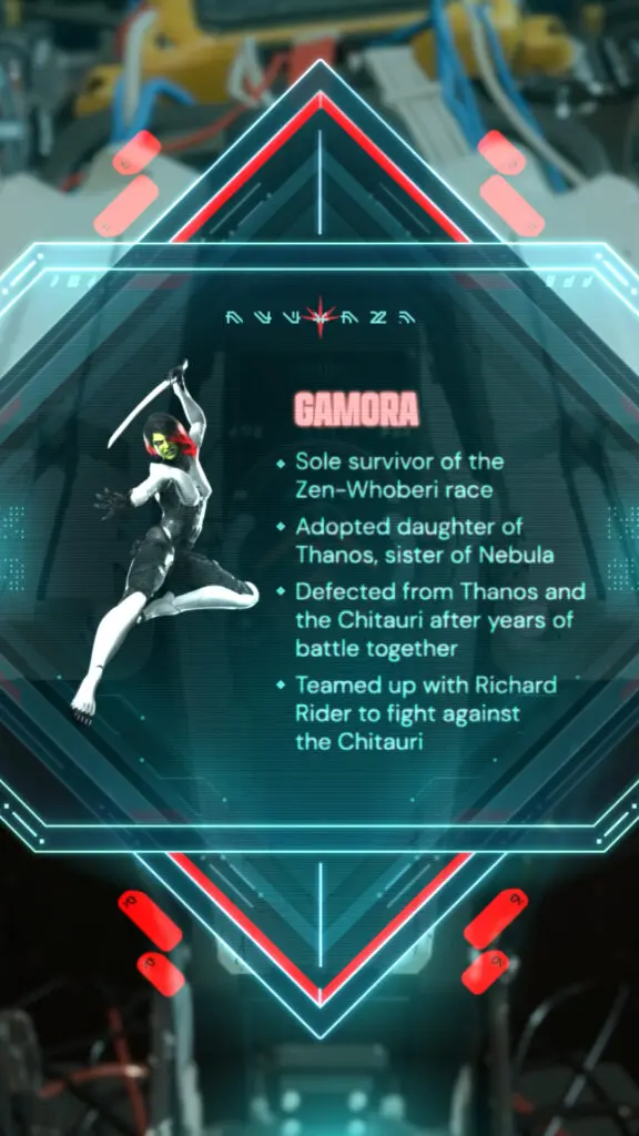 Gamora character profile framed as a futuristic data display, with a combat pose beside biographical text and glowing geometric interface graphics.