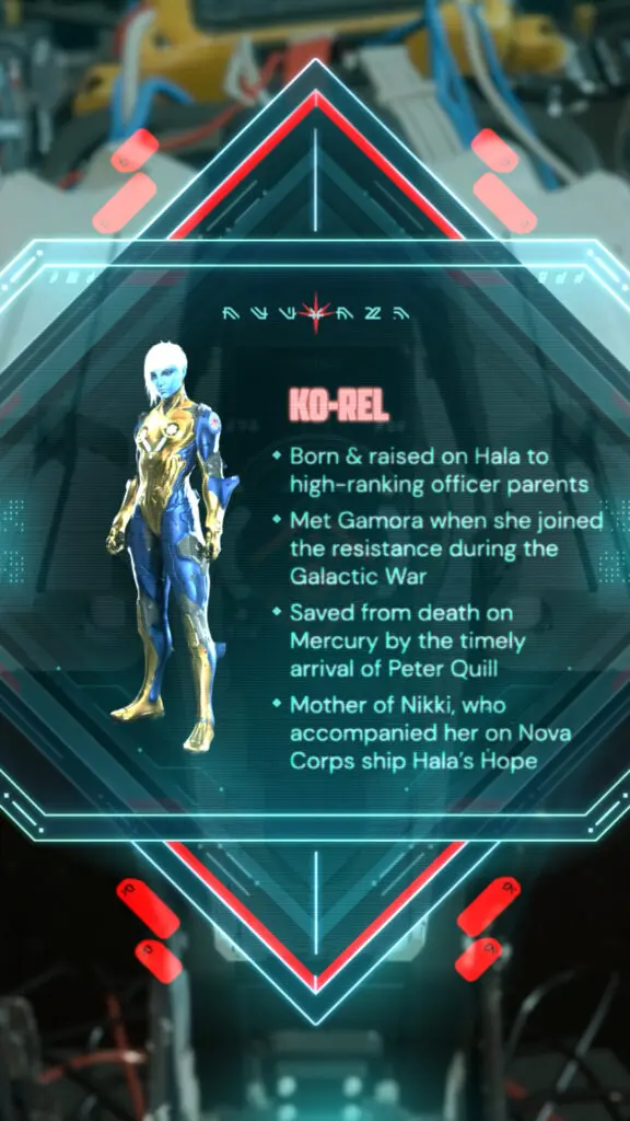 Futuristic character profile card for Ko-Rel, with a full-body game render and biographical text framed by glowing geometric interface graphics.