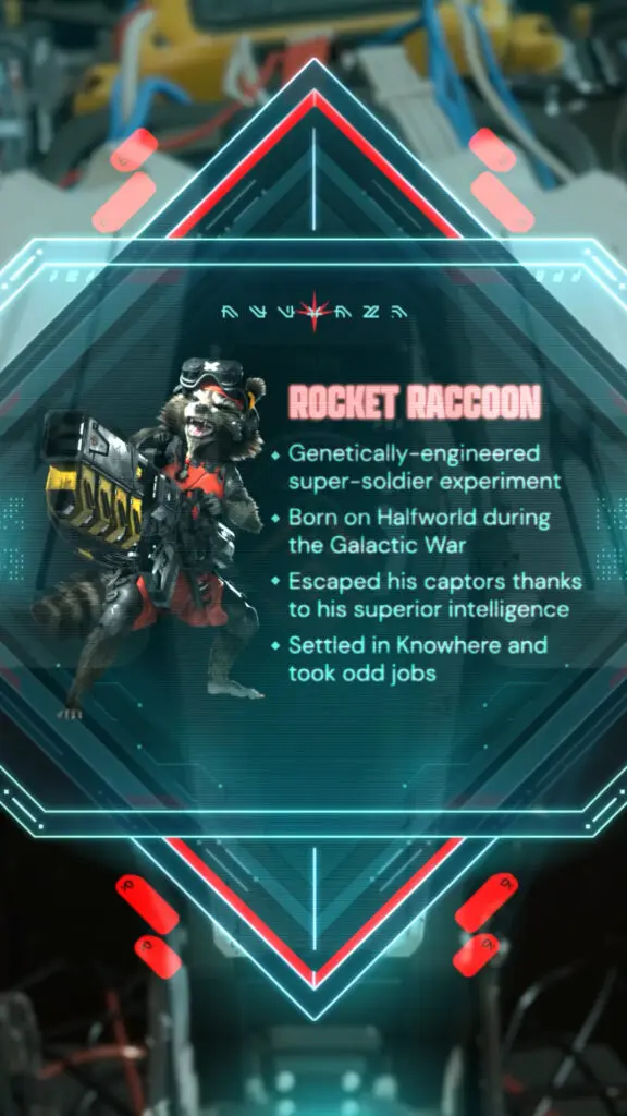 Rocket Raccoon appears beside a sci-fi character profile listing his backstory within a glowing cosmic interface, framed by machinery from the game’s universe.