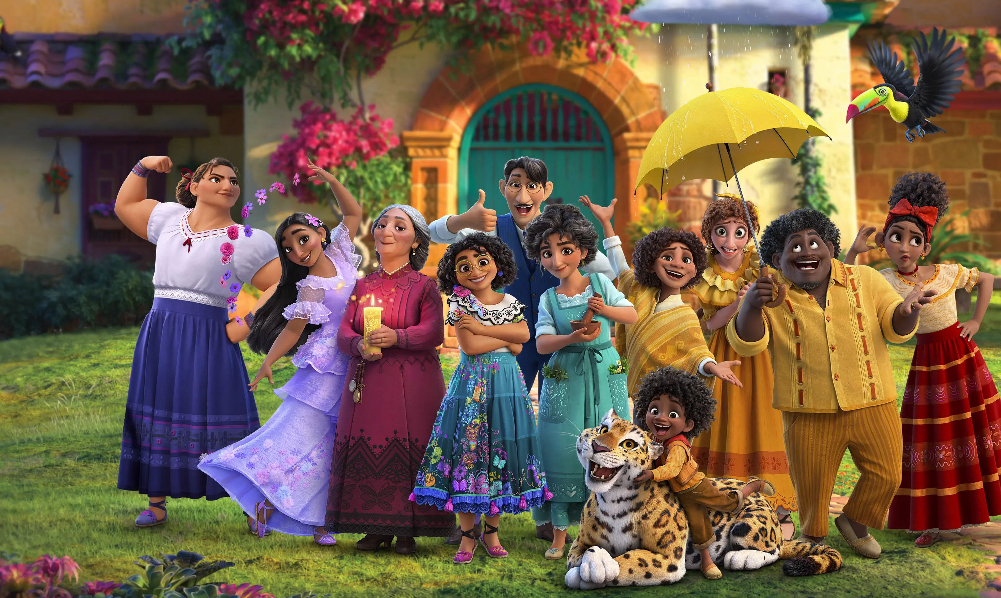 Madrigal family lined across a sunlit lawn in front of Casita: Mirabel center, Abuela holding a candle, Luisa flexing, Antonio leaning on a young jaguar, a yellow umbrella and toucan overhead.