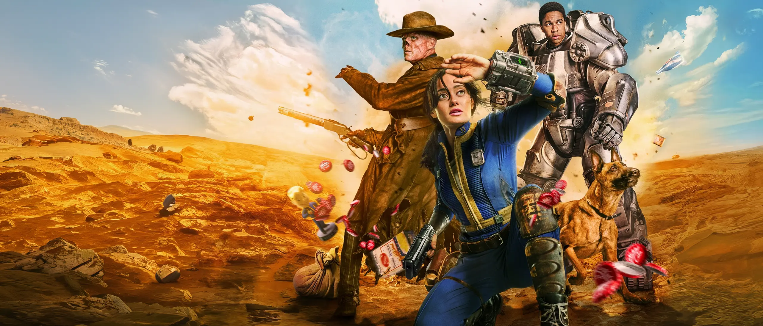Three FallOut characters, a woman in a blue vault suit crouching and shielding her eyes, a man in heavy power armor with a German shepherd, and an older cowboy stand on a sunlit desert plain.