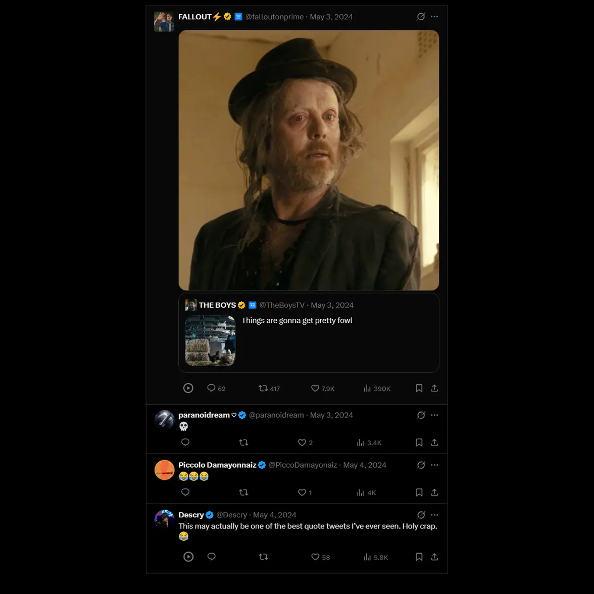 Screenshot of a dark-mode social feed showing a FallOut post with a pale, disheveled man in a hat, a quoted The Boys reply reading "Things are gonna get pretty fowl," and replies below.