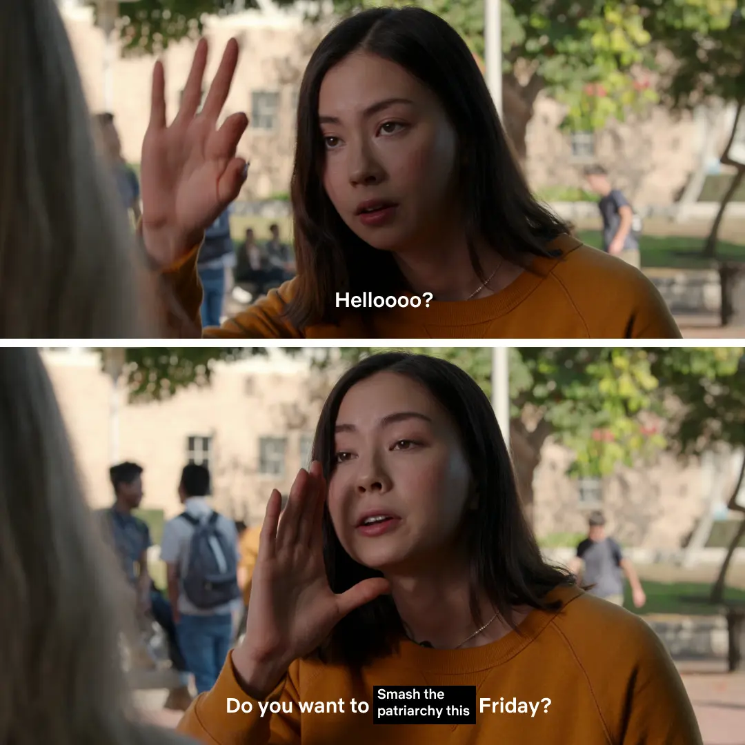 Two-panel split still showing a young woman in a mustard sweatshirt first raising her hand and then cupping her mouth on a sunny school campus, with white caption text and a black zine label.