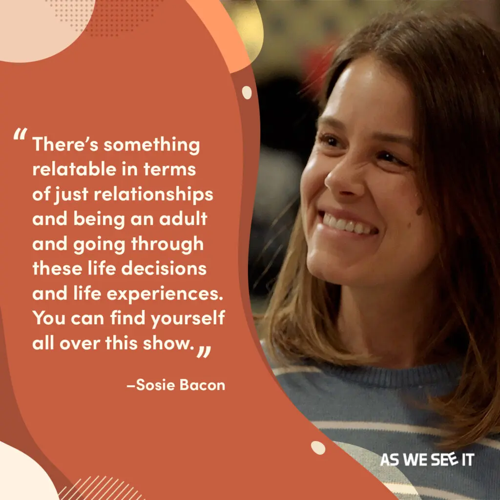 Smiling woman in a blue striped sweater on the right beside a terracotta quote panel with stacked white sans-serif text and a small As We See It logo in the lower-right corner.