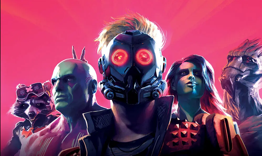 Star-Lord’s glowing helmet with red eyes centers a neon-pink hero composition, flanked by Rocket with goggles, Drax, Gamora, and Groot against a radiant, high-contrast background.