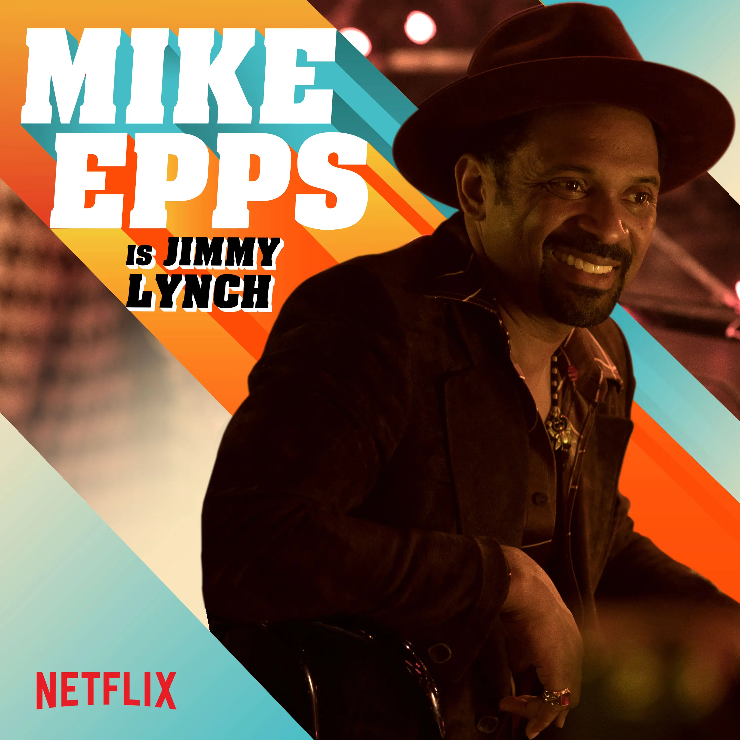 Mike Epps as Jimmy Lynch leans on a bar stool wearing a dark jacket and fedora, smiling under warm club lighting with bold 1970s-style diagonal typography reading "MIKE EPPS is JIMMY LYNCH".