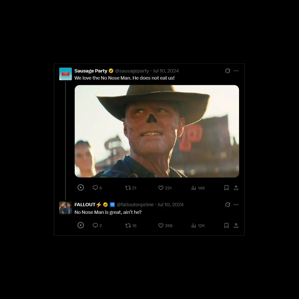 Screenshot of a Sausage Party social post showing a close-up of a cowboy figure with a triangular nasal cavity wearing a hat, plus a reply from the FALL OUT account.