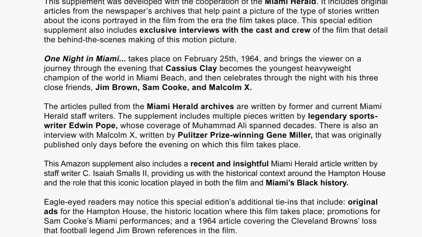 Stacked newspaper supplement with bold yellow 'ONE NIGHT IN MIAMI...' masthead and 'NEWSPAPER SUPPLEMENT' subhead, above a press release page and a film still of four men in front of the Hampton House motel.