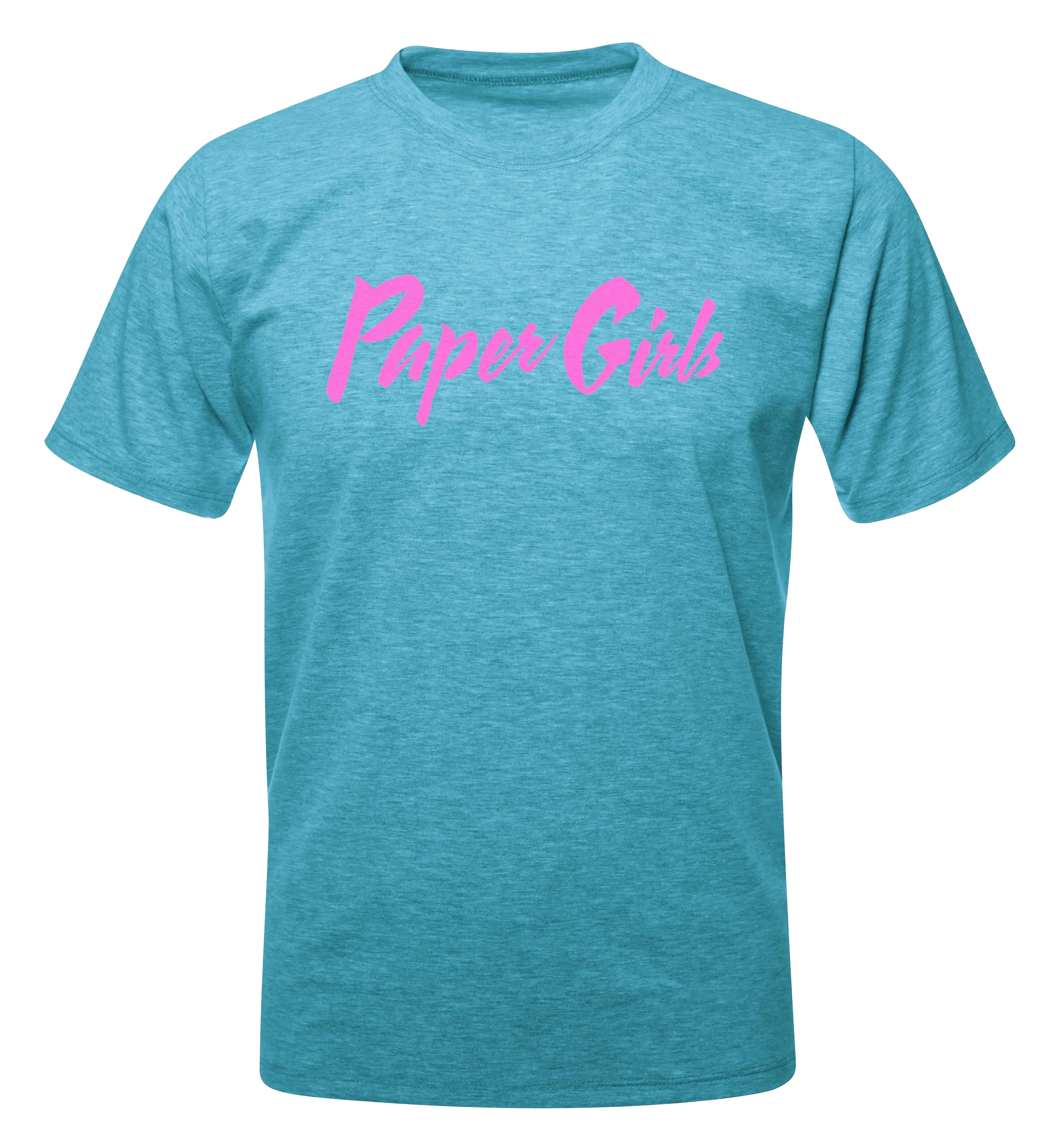 Heathered teal crew-neck T-shirt with bright pink handwritten 'Paper Girls' logo centered on the chest, photographed on a white background.