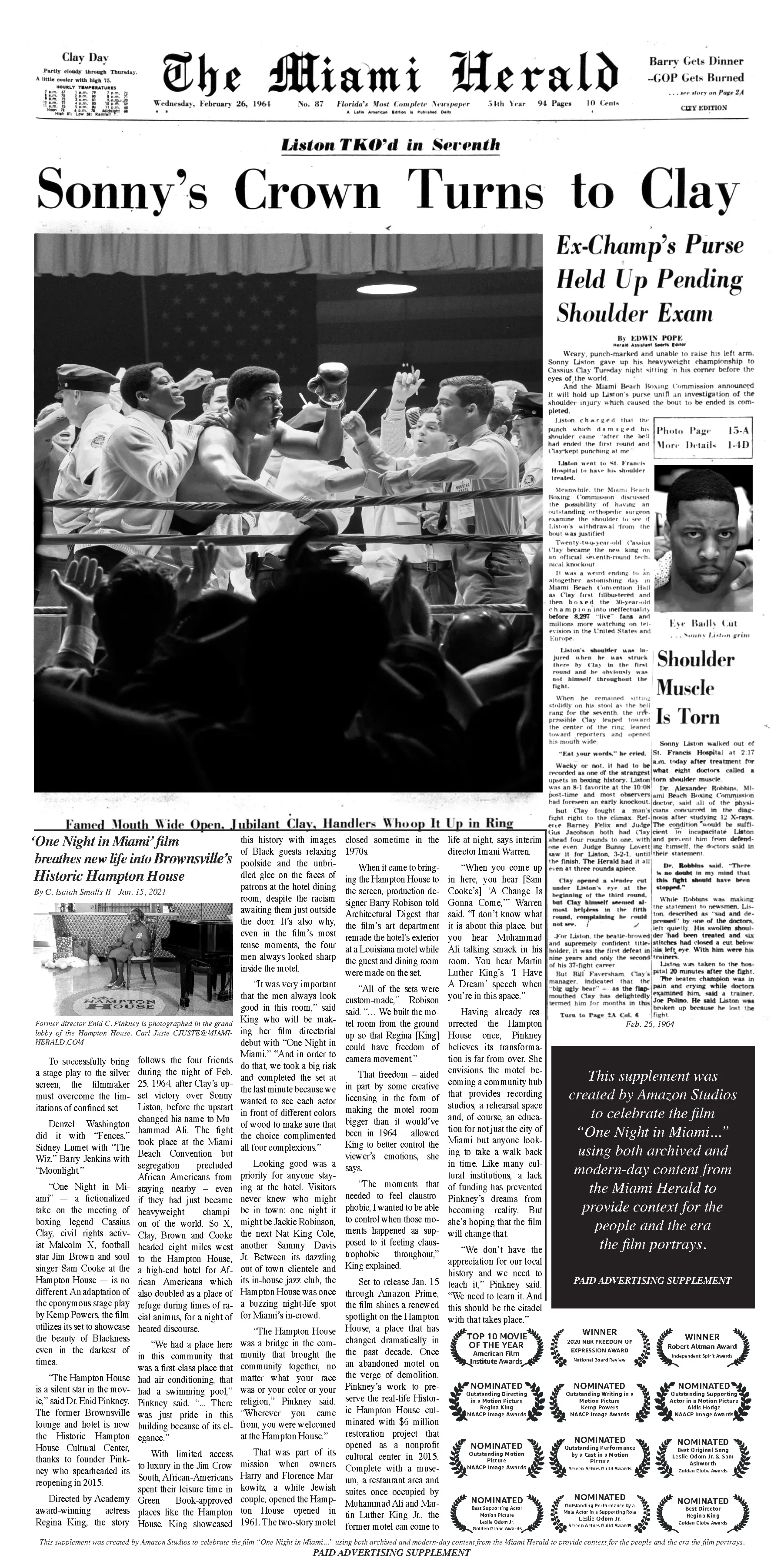 Black-and-white broadsheet front page styled as The Miami Herald with headline 'Sonny's Crown Turns to Clay,' a large boxing-ring photograph, columns of text, a small portrait at right, and an Amazon Studios supplement box.