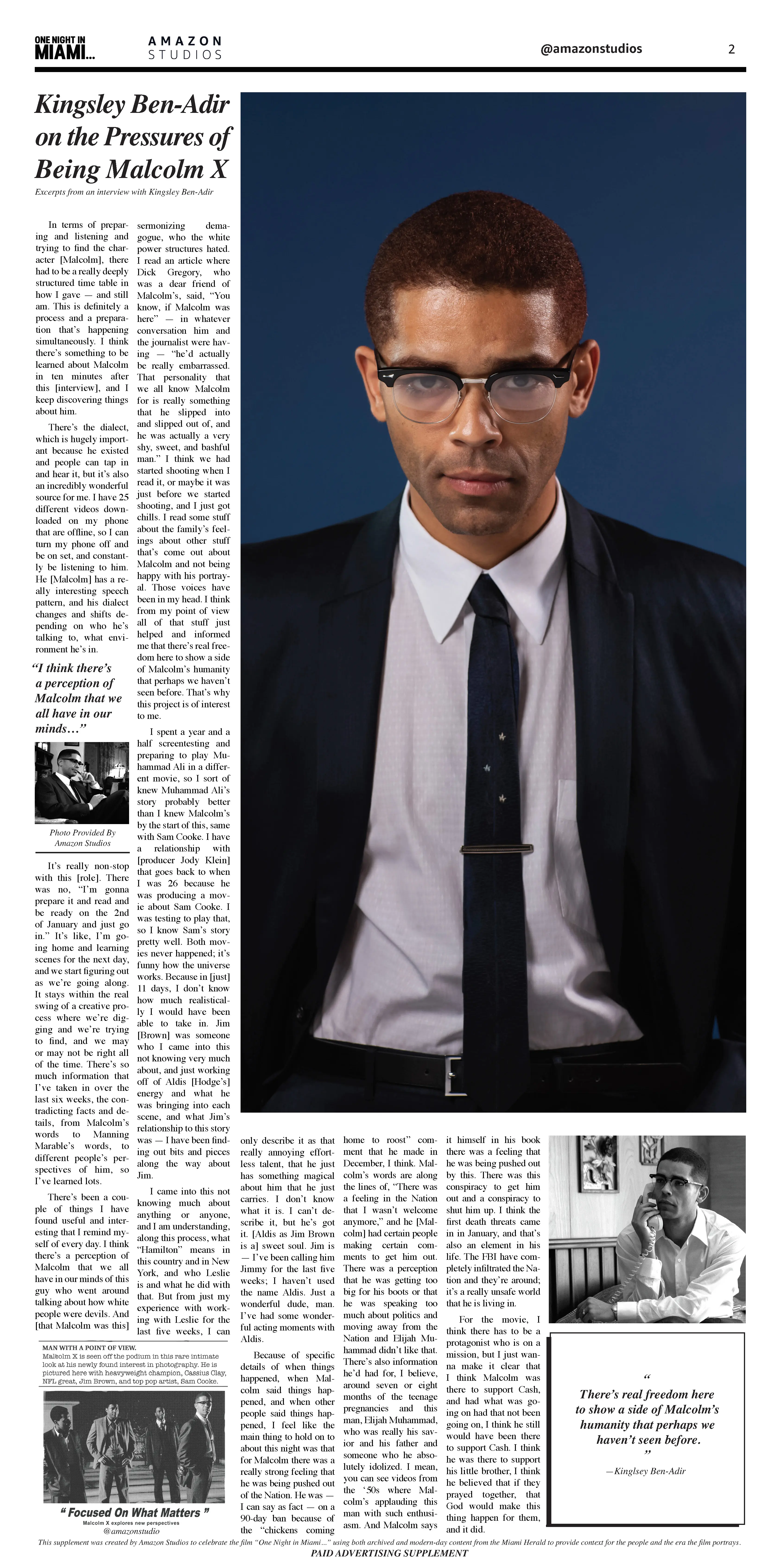 Tightly framed portrait of Kingsley Ben-Adir in a dark suit and tie on the right, with a broadsheet-style columned article and Amazon Studios header running down the left.