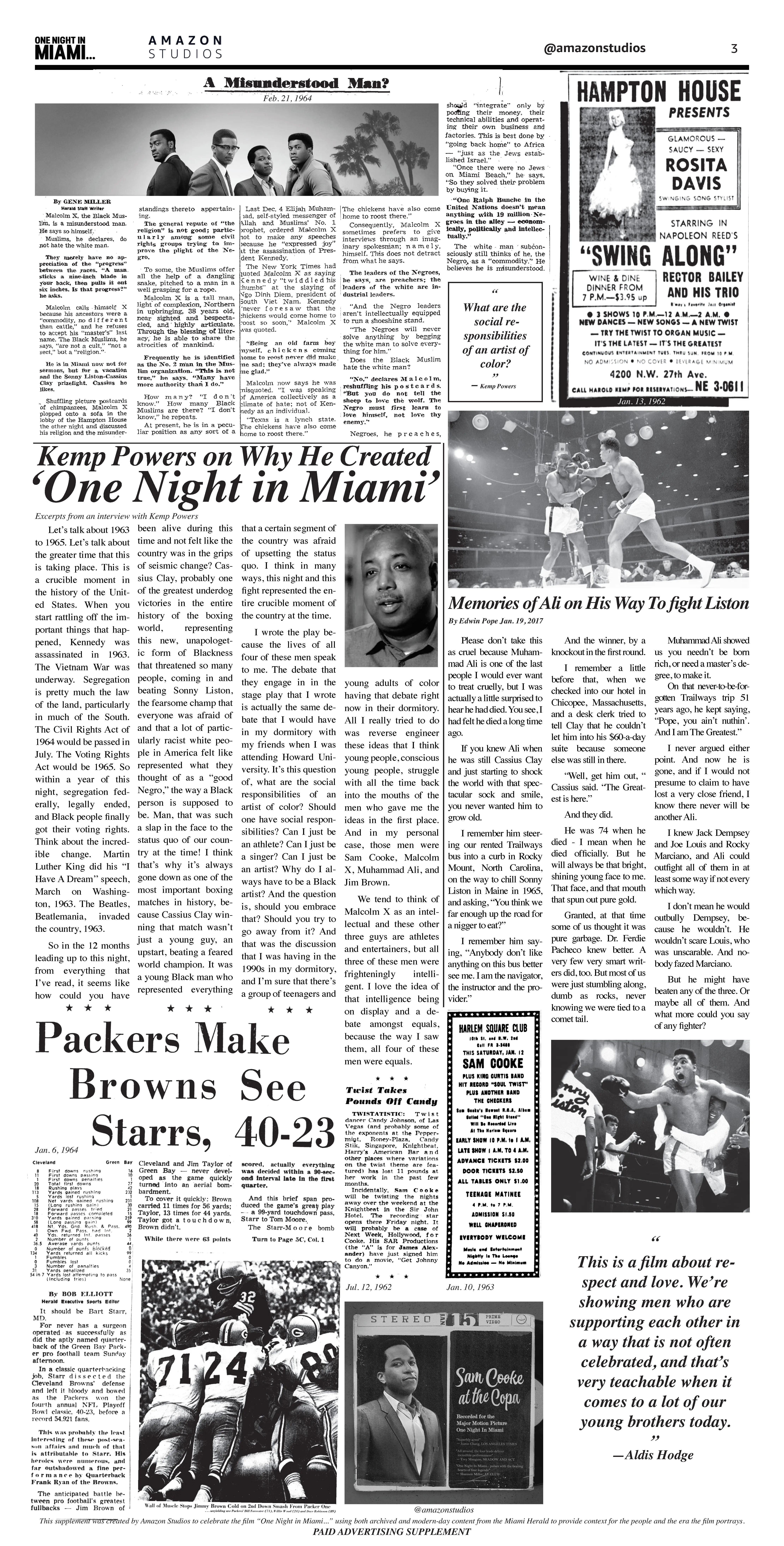 Broadsheet-style newspaper spread with dense columns, a large headline reading "Kemp Powers on Why He Created 'One Night in Miami'", halftone portraits, a boxing photo and an Amazon Studios masthead.