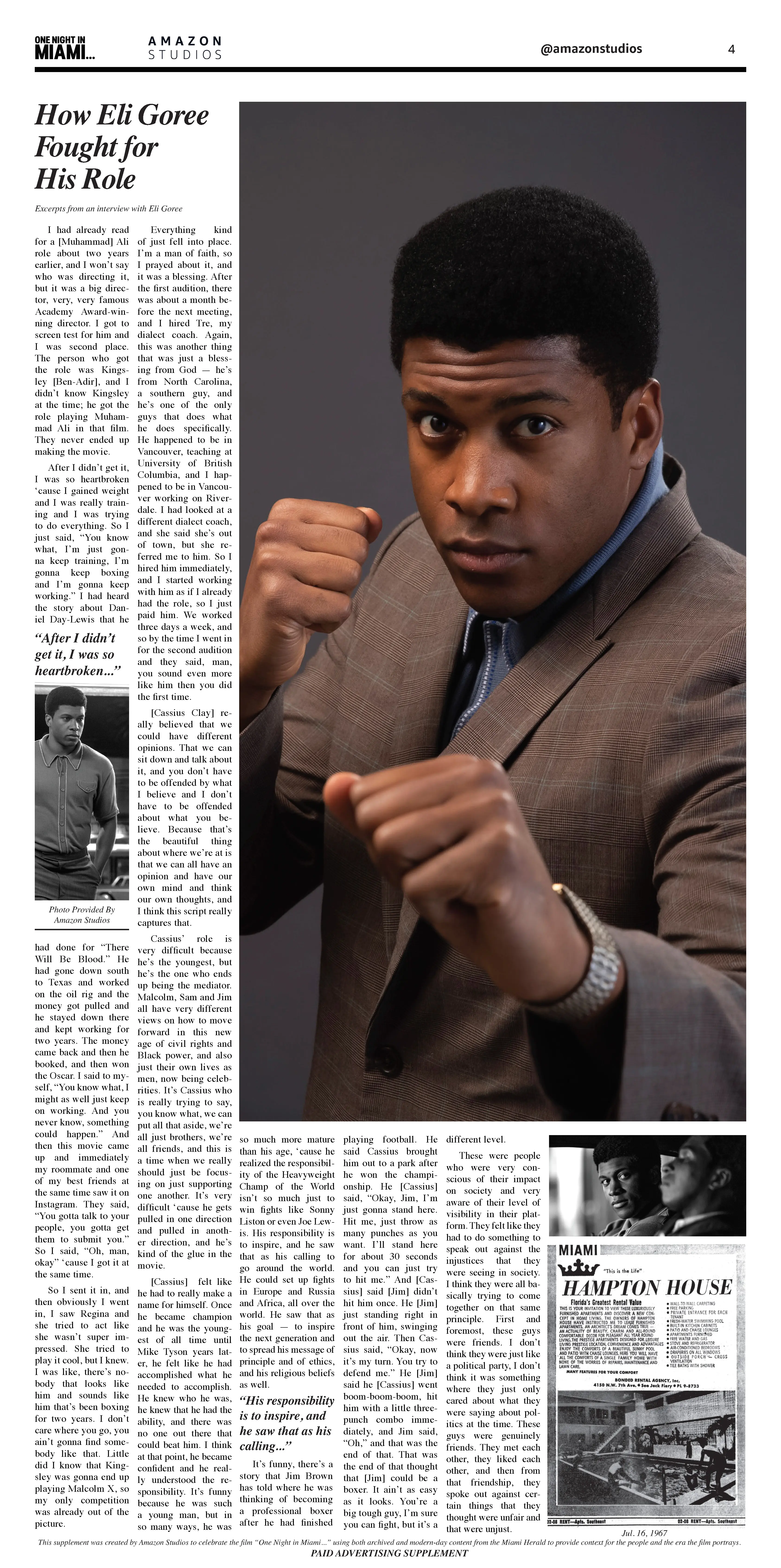 Broadsheet-style page showing a large portrait of Eli Goree as Cassius Clay in a brown suit with fists raised against a gray field, dense editorial columns and small archival black-and-white insets.