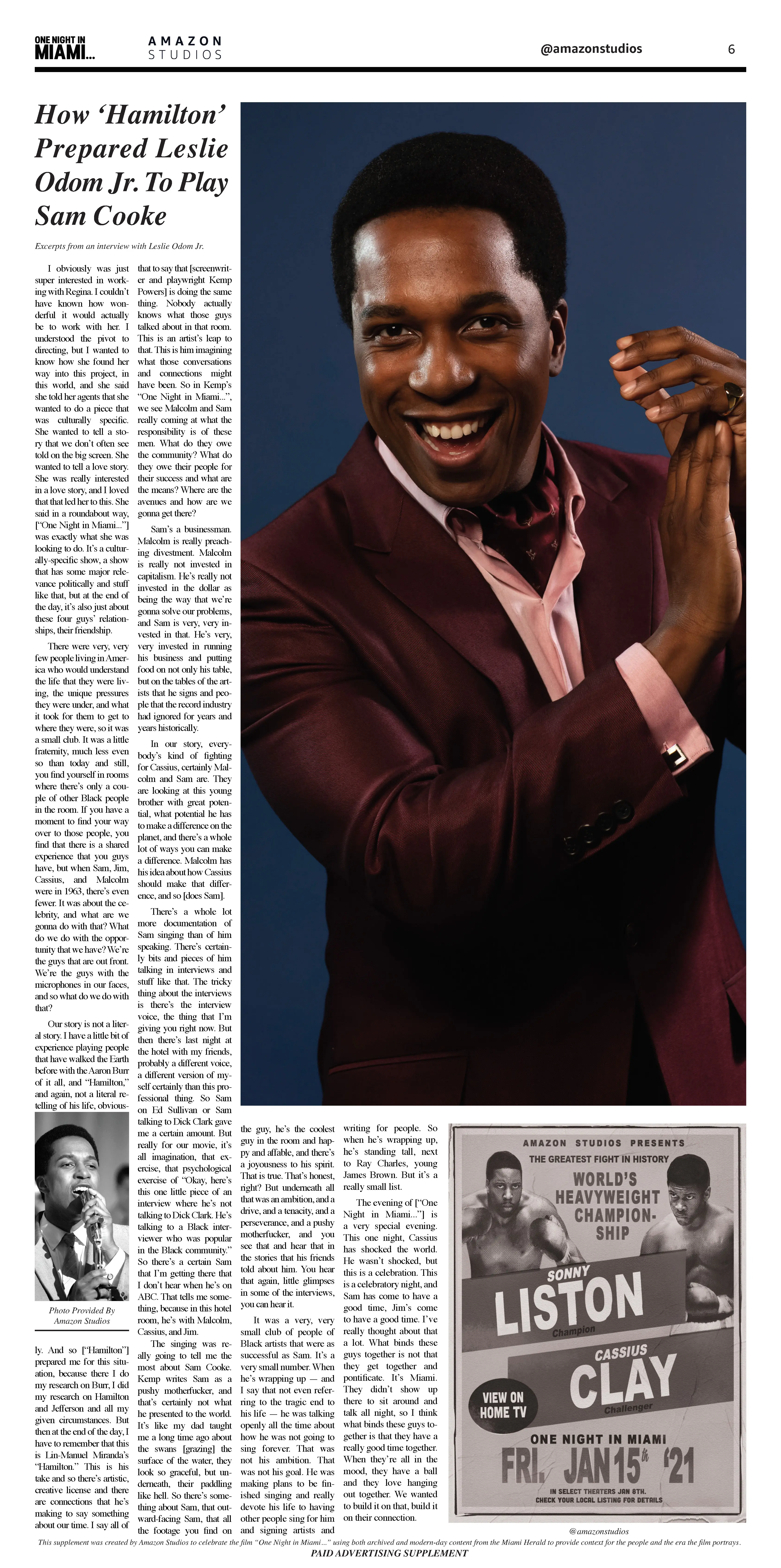 Three-quarter portrait of an actor portraying Sam Cooke laughing with hands raised, wearing a maroon suit and pink shirt against a deep blue background beside editorial copy and a vintage boxing poster.