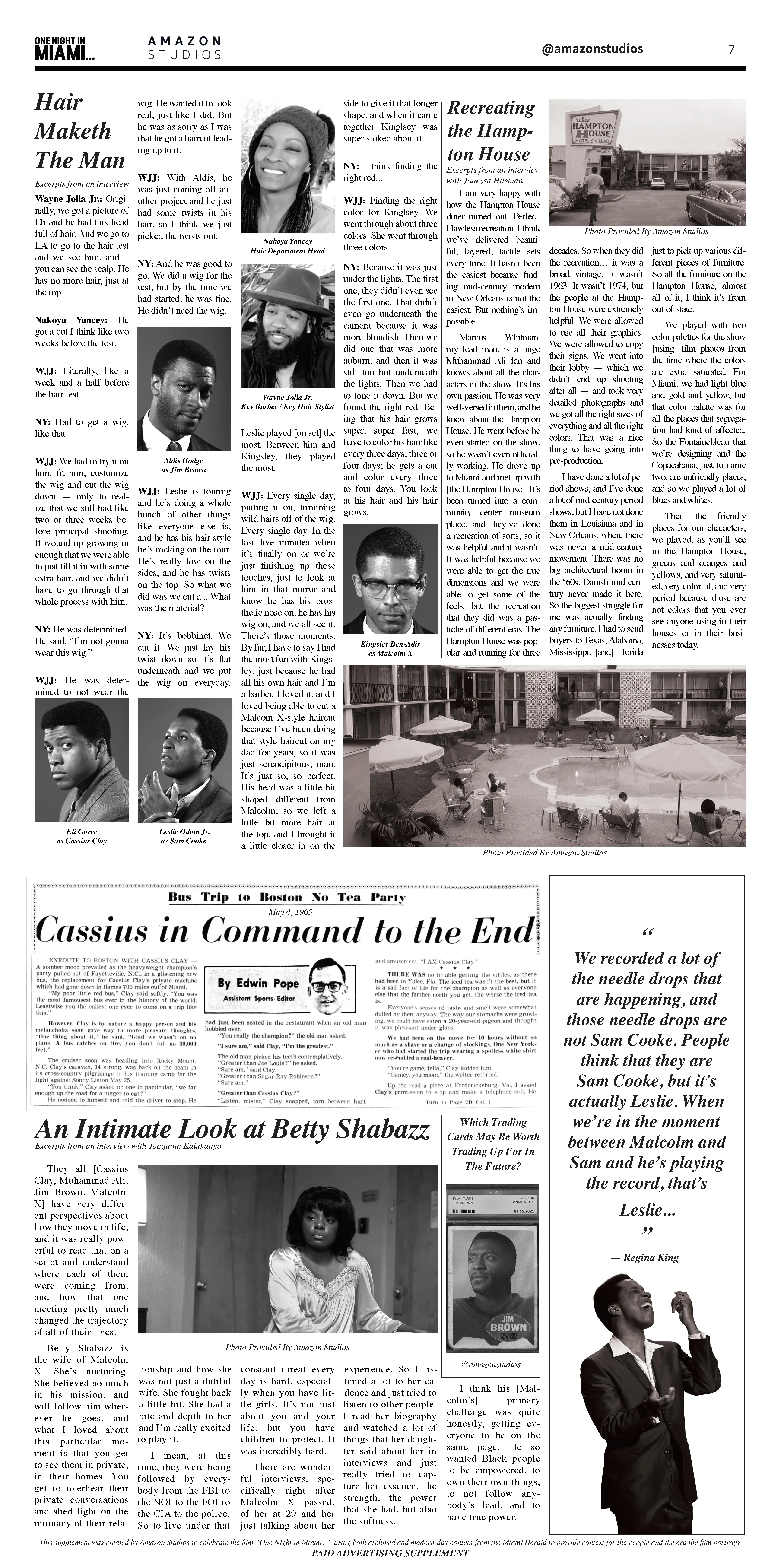 Broadsheet-style layout page resembling a 1960s newspaper with a large headline about Cassius Clay, halftone portraits of four men, columns of copy, archival photos and aged paper textures.