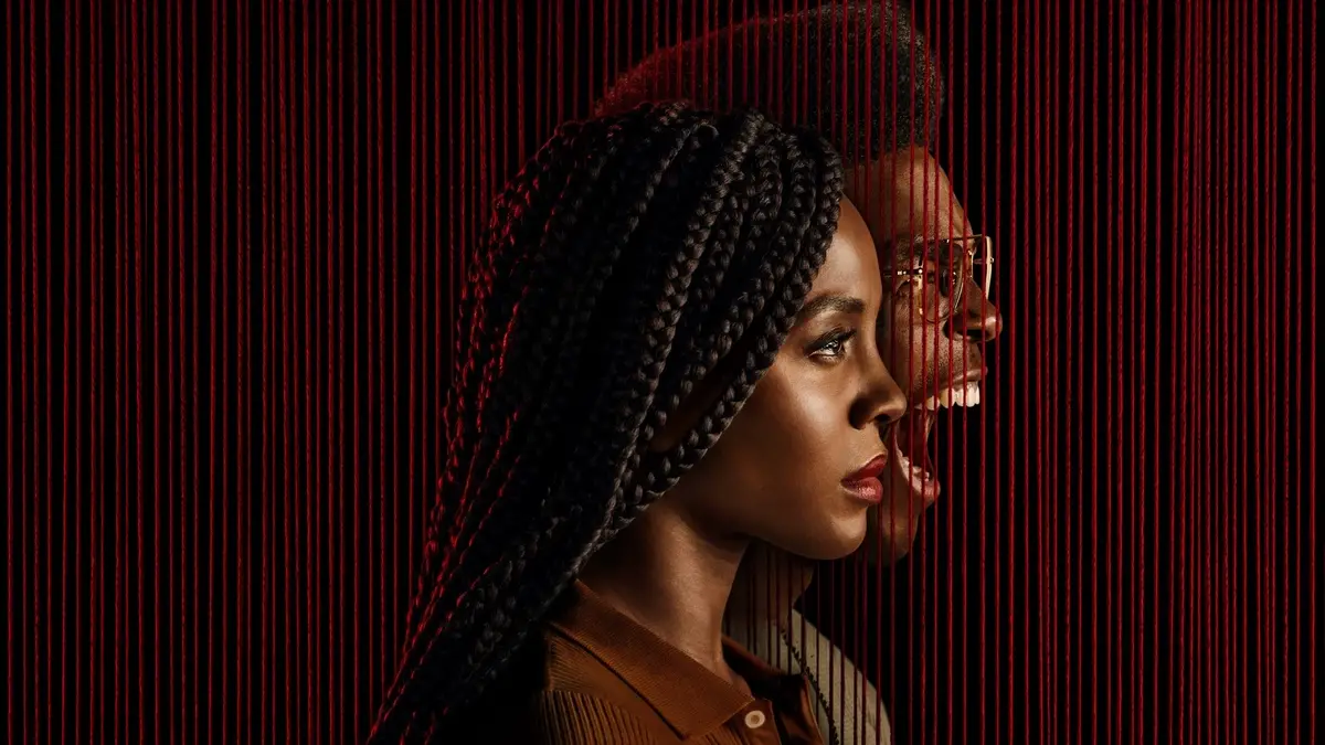 Side-by-side yarn portrait profiles of a woman with long box braids and a shouting man, overlaid with vertical red threads on a dark background.
