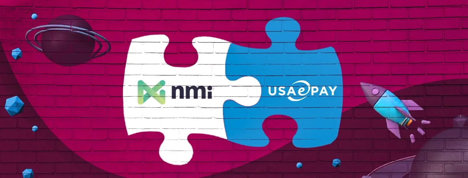 Bright mural on a pink brick wall showing two interlocking jigsaw pieces—left white with the NMI logo, right blue with the USAePay logo—surrounded by a small rocket, planets, and floating gems.