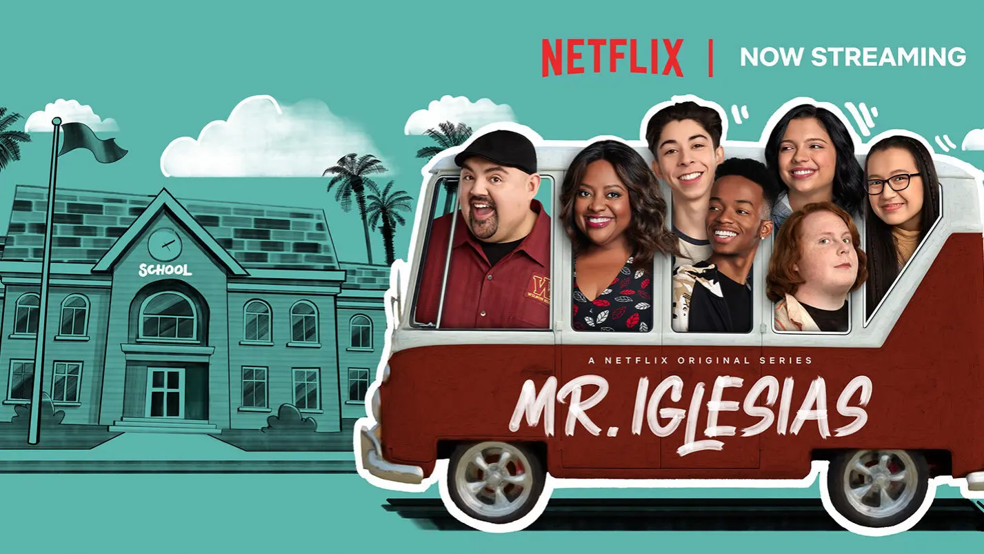 Illustrated Netflix Mr. Iglesias banner featuring Gabriel Iglesias and the student ensemble riding in a red school bus past their high school.