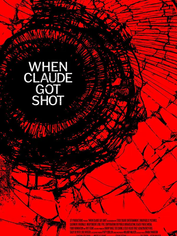 Red-and-black When Claude Got Shot key art featuring a shattered-glass bullet impact with Claude Motley’s contemplative portrait hidden in the cracks.