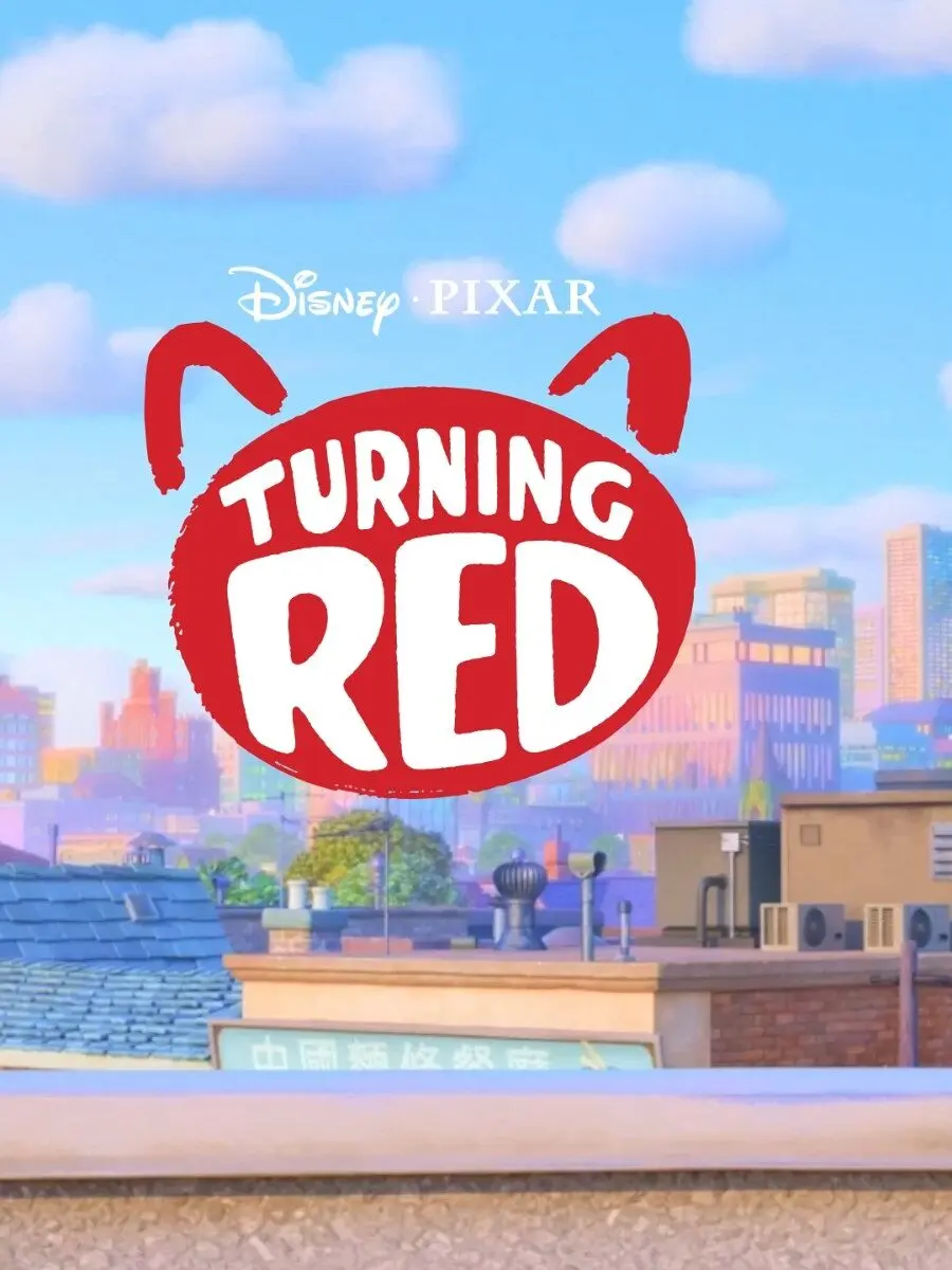 Rooftop foreground and pastel Toronto cityscape under a blue sky with fluffy clouds, centered red TURNING RED logo with ear shapes and a small Disney·PIXAR wordmark above.