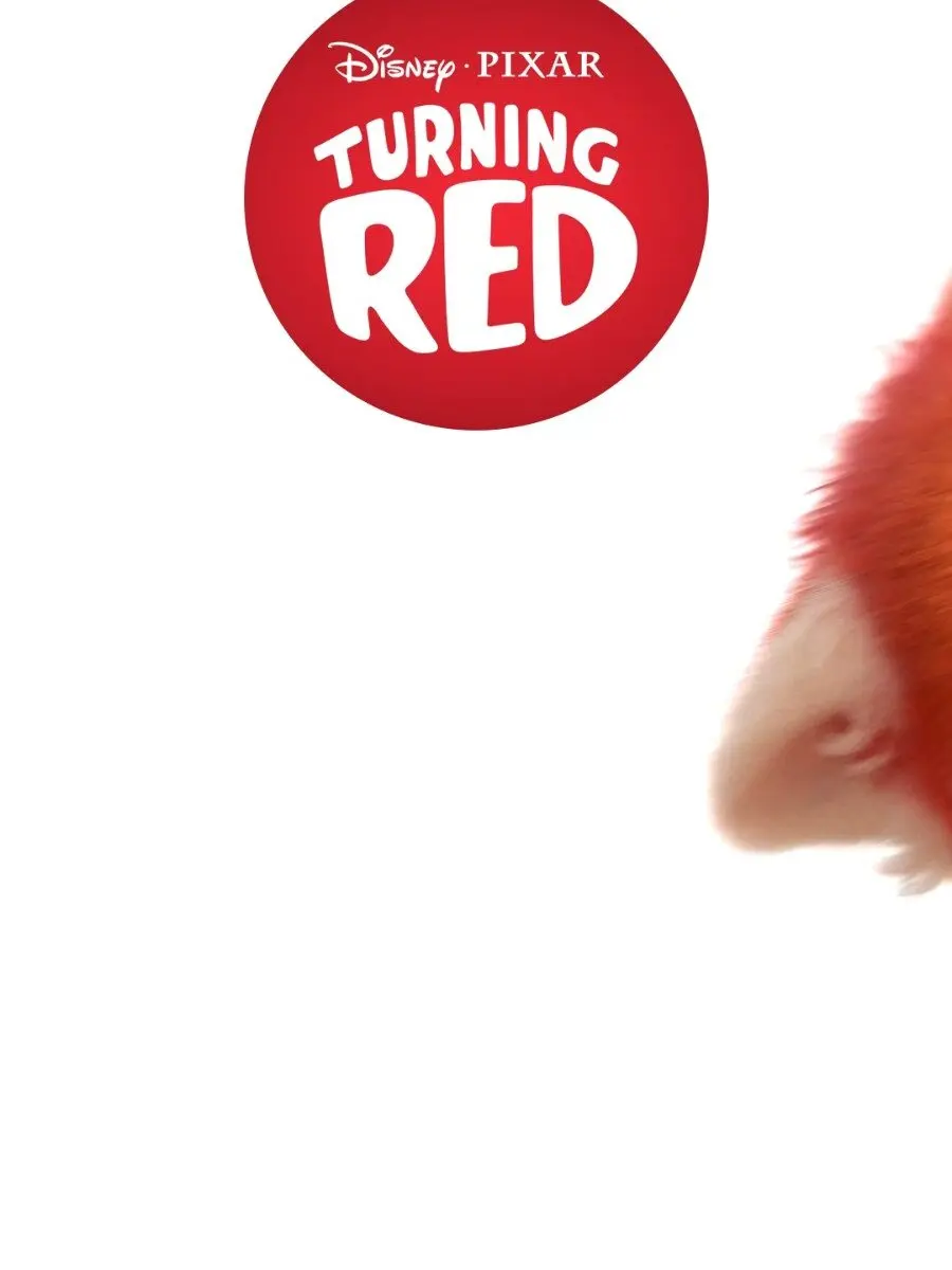 White vertical poster with a red circular Turning Red logo near the top center and a cropped sliver of a red panda's ear and fur visible at the right edge against a white background.