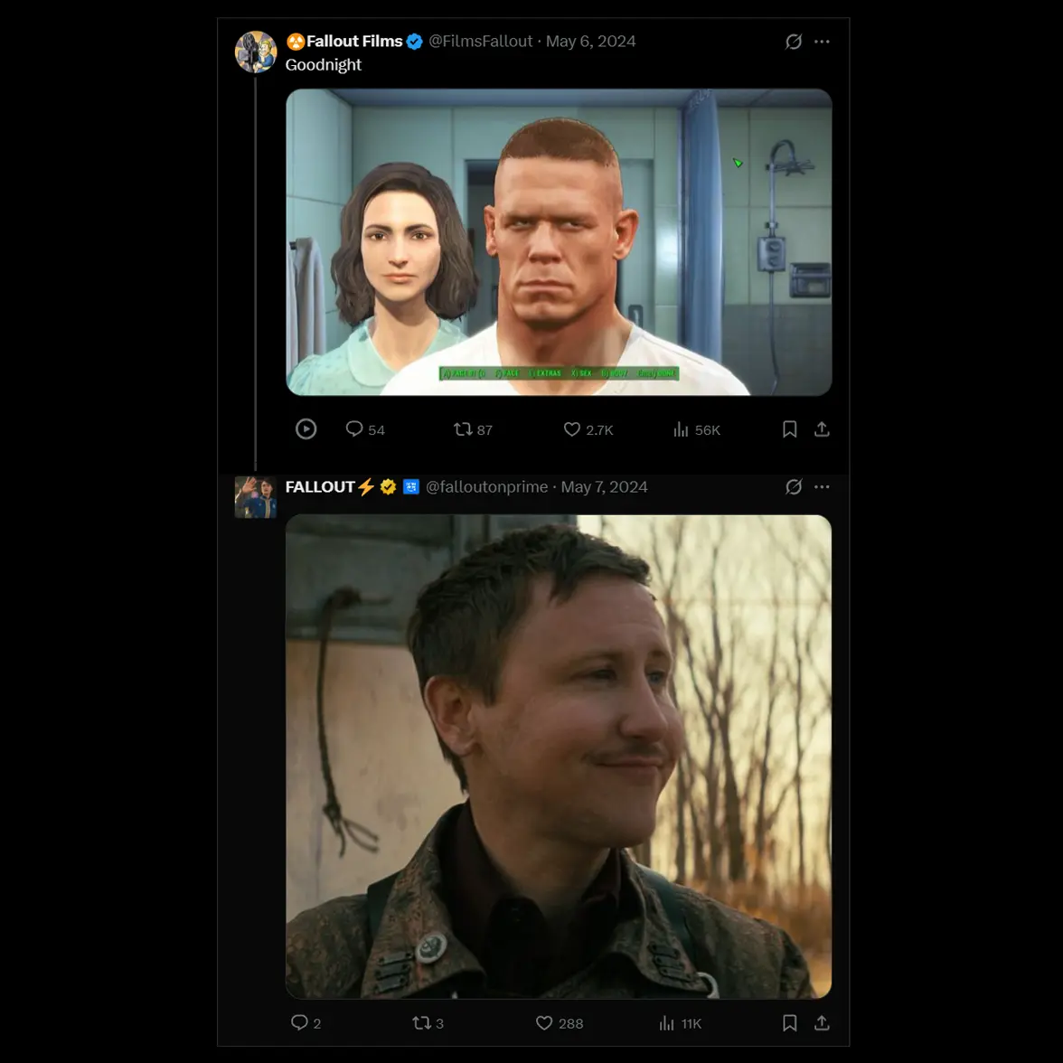 Two stacked social-media posts on a black background: the top shows a video-game character-creator portrait of a couple in a bathroom, the bottom shows a smiling man outdoors framed like a show still.