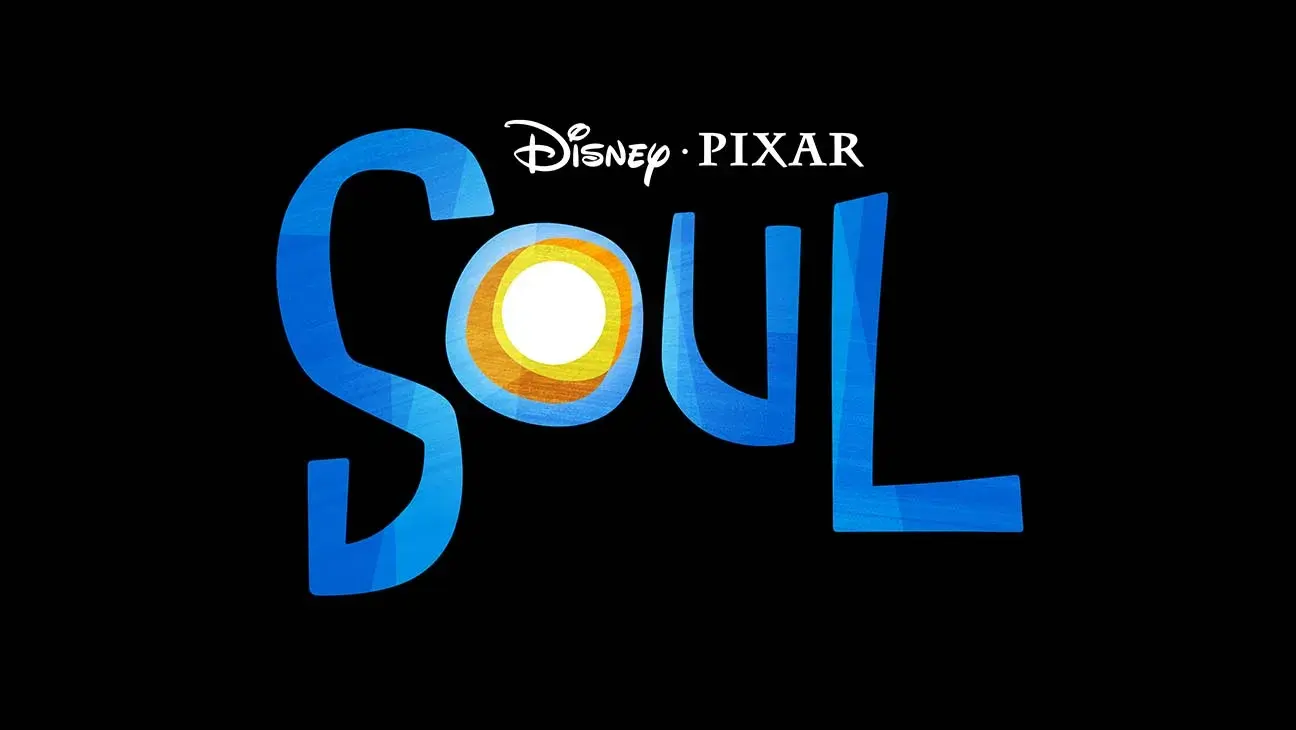 Blue stylized 'Soul' logotype on a black background with a concentric yellow-orange circle inside the 'o' and the 'Disney · PIXAR' wordmark centered above.
