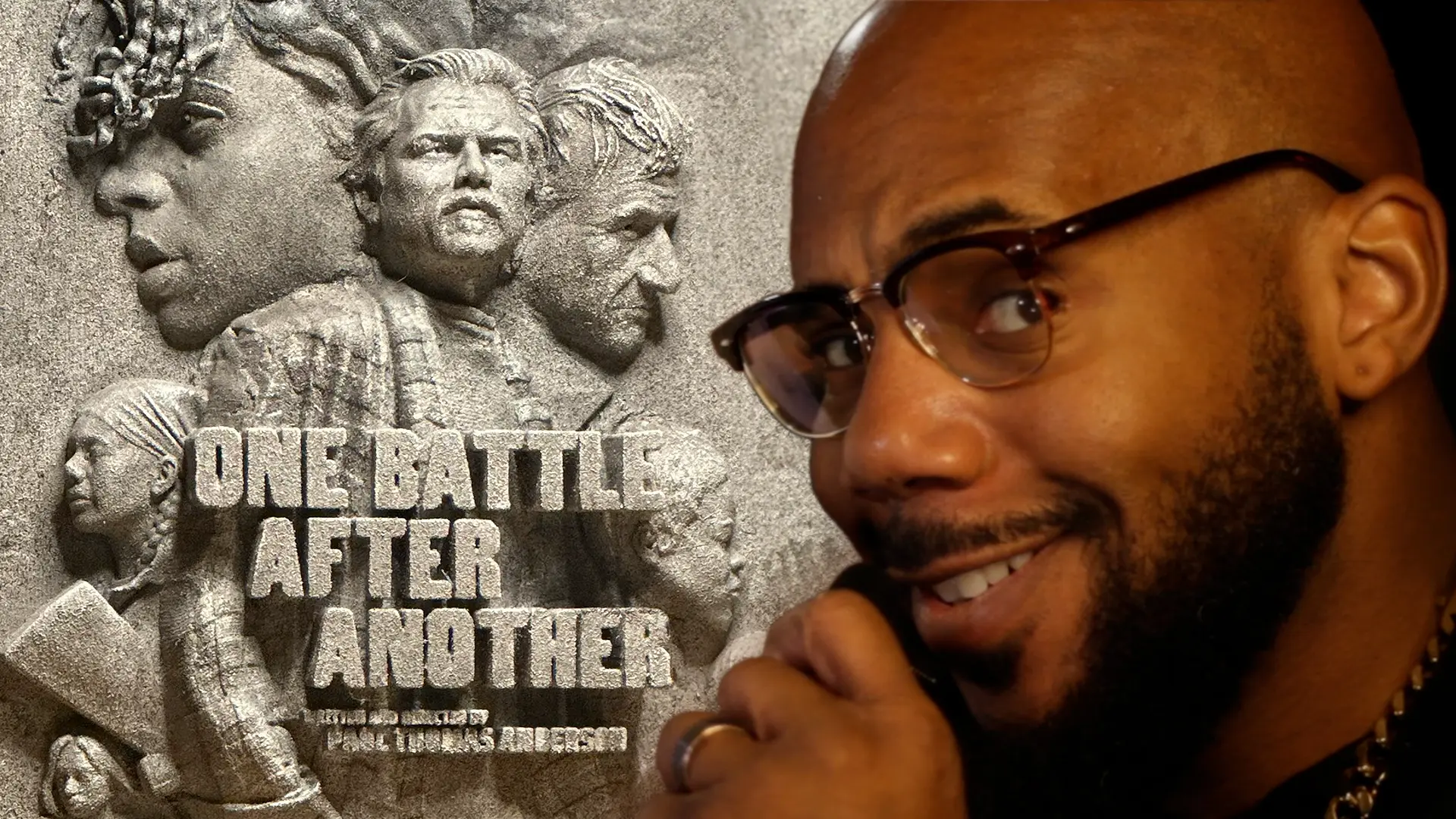 Video thumbnail featuring Xavier Ruffin beside a detailed 3D bas-relief inspired by the One Battle After Another ensemble key art.