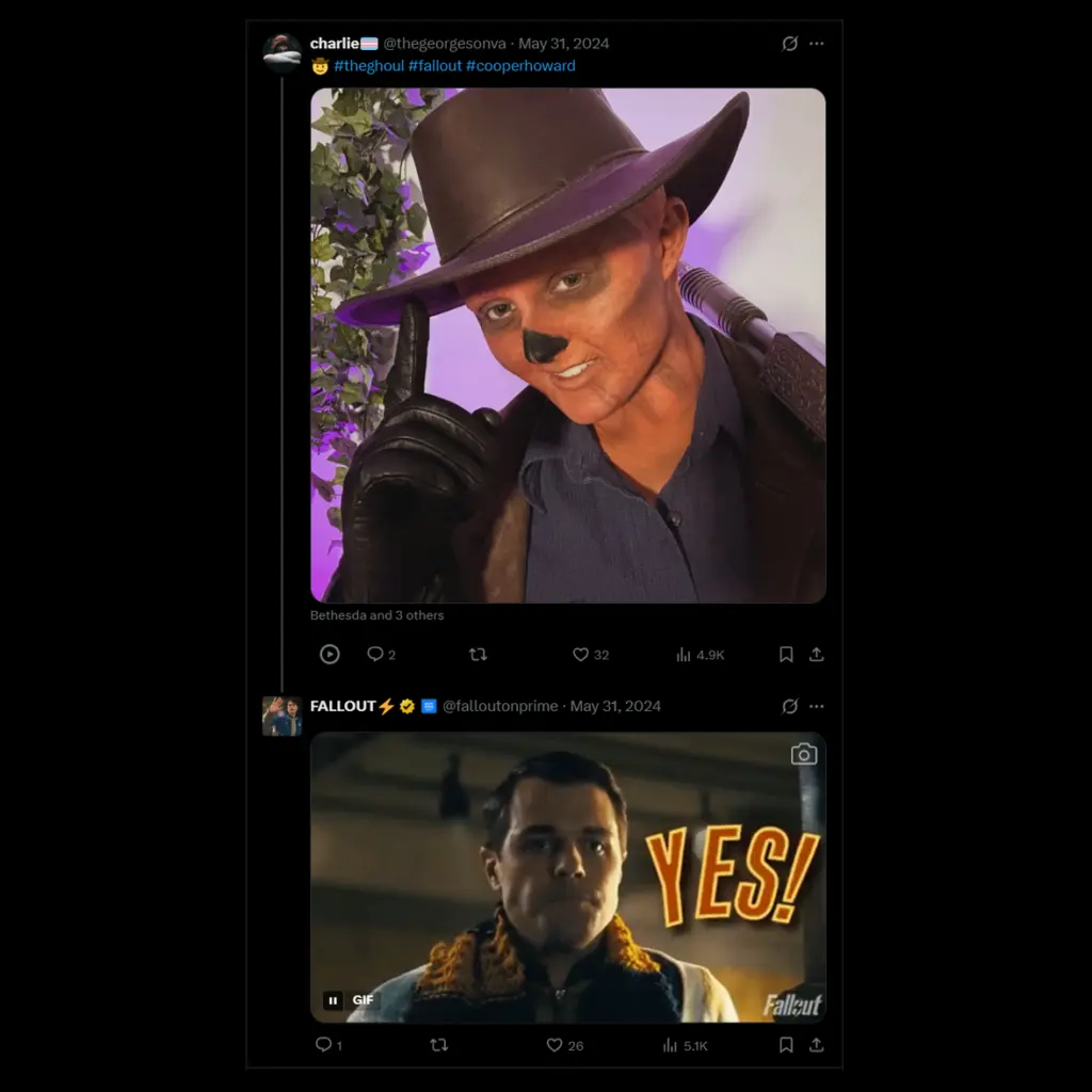 Screenshot of the official Fallout account replying “YES!” with a GIF to a fan post featuring a Ghoul-inspired costume and hashtags for the series.