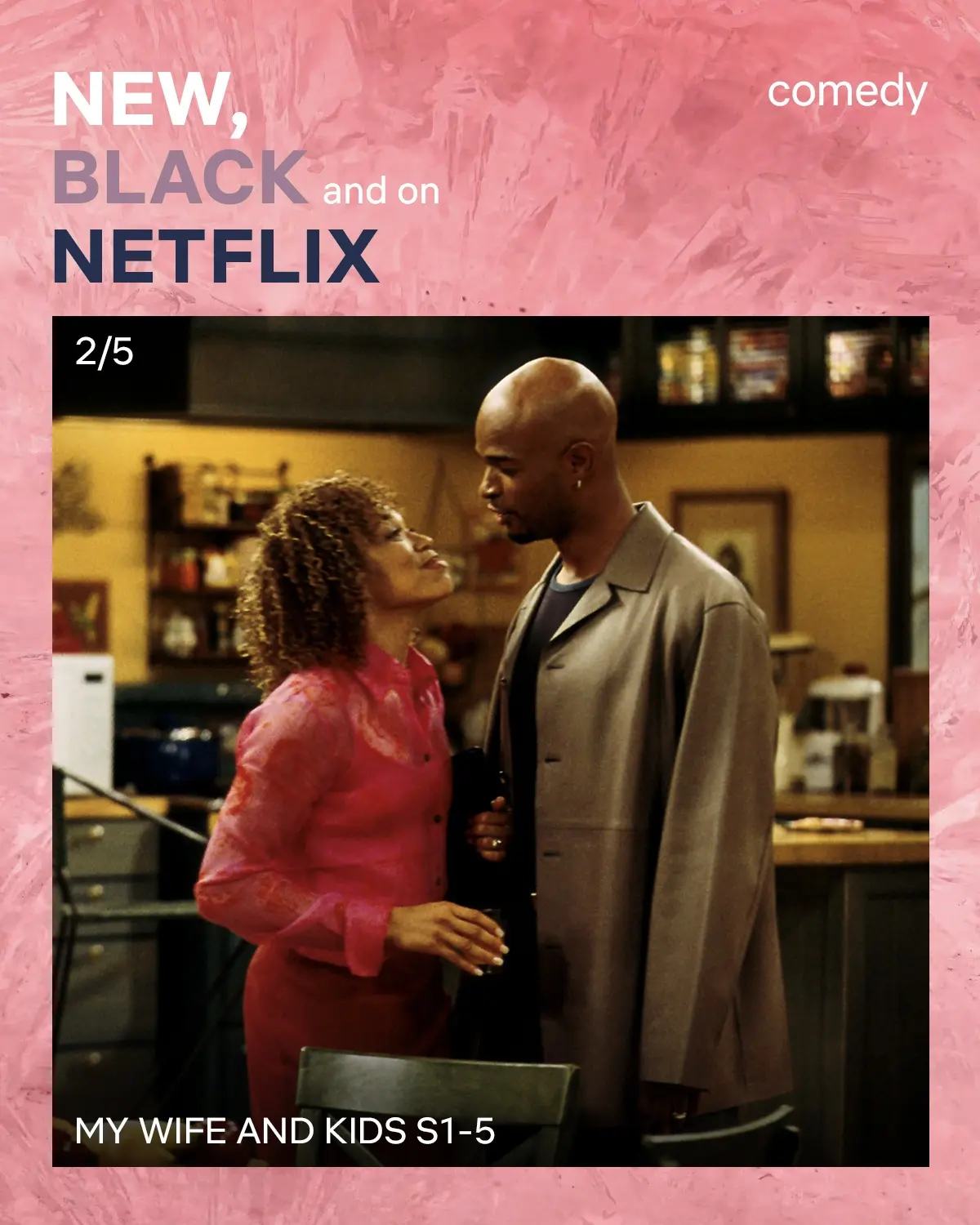 Strong Black Lead social graphic promotes My Wife and Kids seasons 1–5 as a comedy, framing a still of two performers with “New, Black and on Netflix” copy.