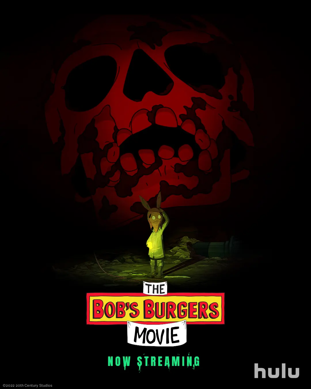 Louise Belcher stands beneath a flashlight-lit skull-shaped shadow in a horror-styled poster for The Bob’s Burgers Movie, with a Hulu now-streaming message.