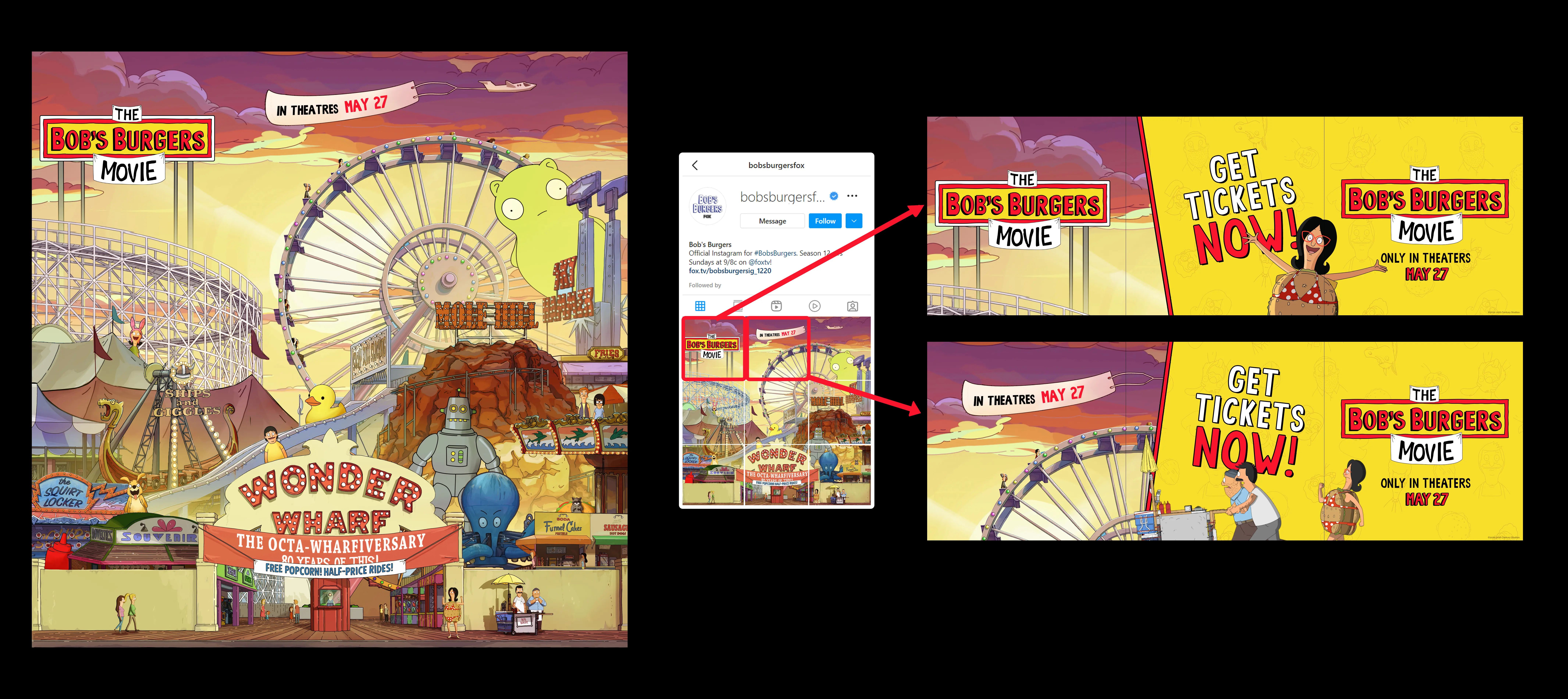 A Wonder Wharf social takeover mockup pairs a grid-spanning illustrated wharf scene with ticketing cards for The Bob’s Burgers Movie and its May 27 theatrical release.