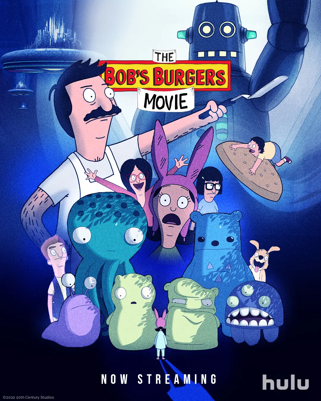Bob Belcher raises a spatula before his family and a group of colorful creatures in a sci-fi-inspired poster announcing The Bob’s Burgers Movie on Hulu.