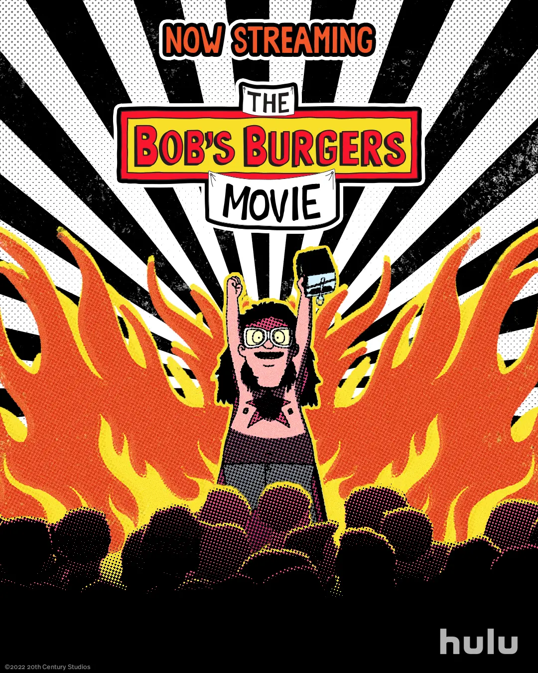 Gene Belcher raises a keyboard overhead before a cheering crowd and flames beneath The Bob’s Burgers Movie logo, with a Now Streaming Hulu message above.
